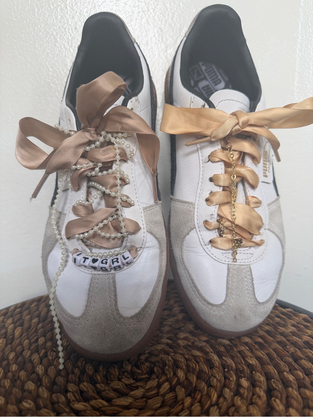 Puma Palermo White and Taupe Women's Ribbon-Lace Sneakers with Gold Accents
